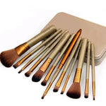 GLOZARA 12-Piece Makeup Brush Set with Wooden Handles in Iron Storage Box GLOZARA