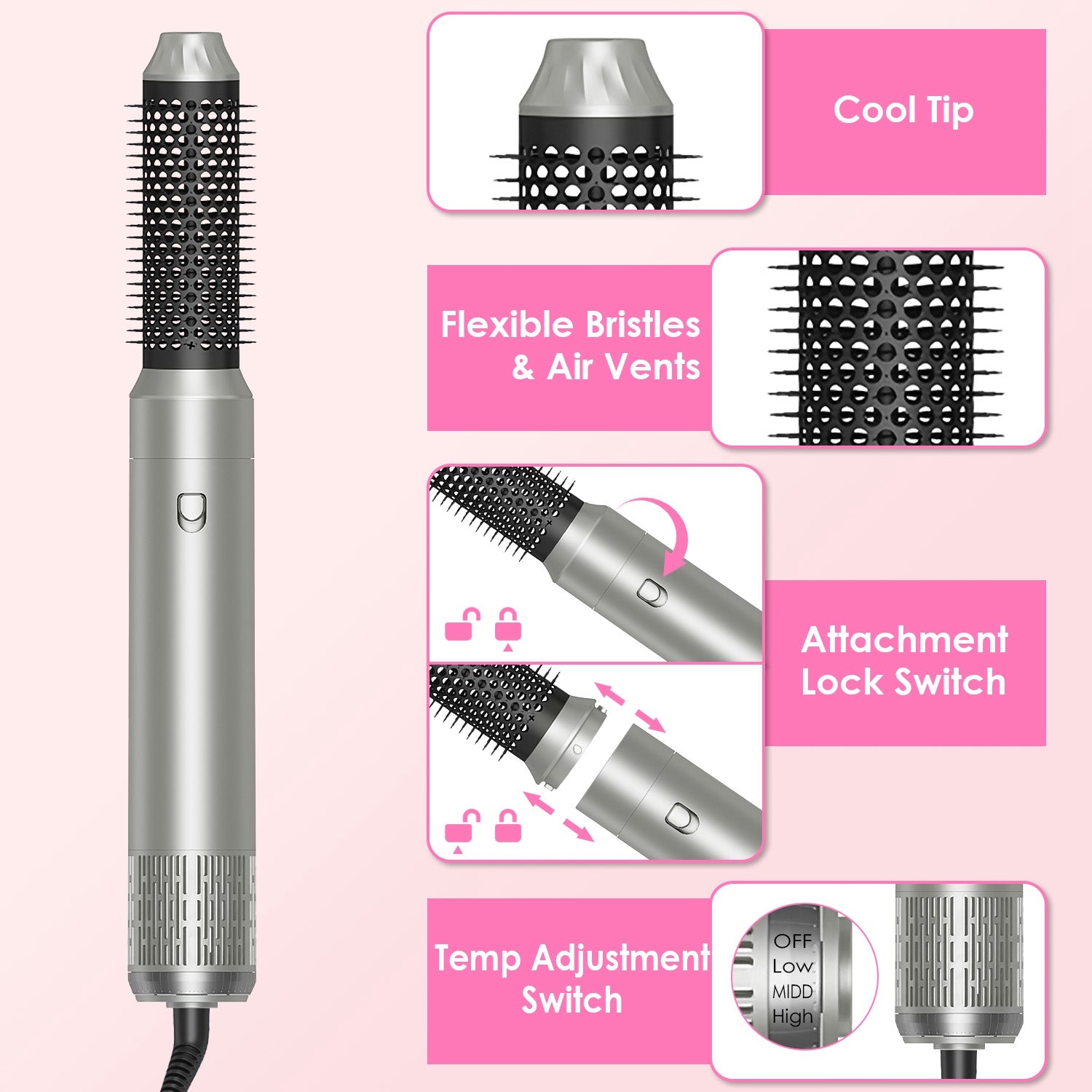 GLOZARA 6-in-1 Hot Air Styler with Auto Wrap, Dryer & Curling Brush GLOZARA